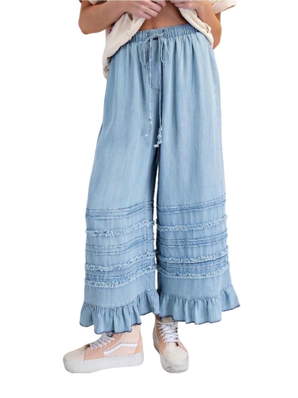Light Blue Ruffle Hem Wide-Leg Pants
